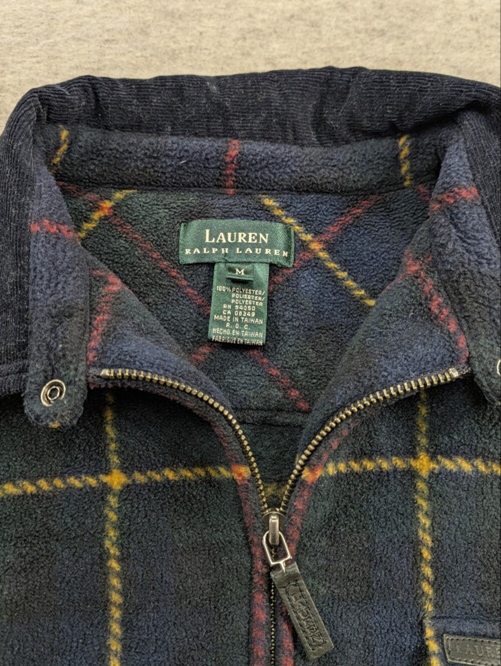 Ralph Lauren Women's Fleece Jacket Corduroy Collar Plaid Blue Green Winter M - Picture 6 of 10